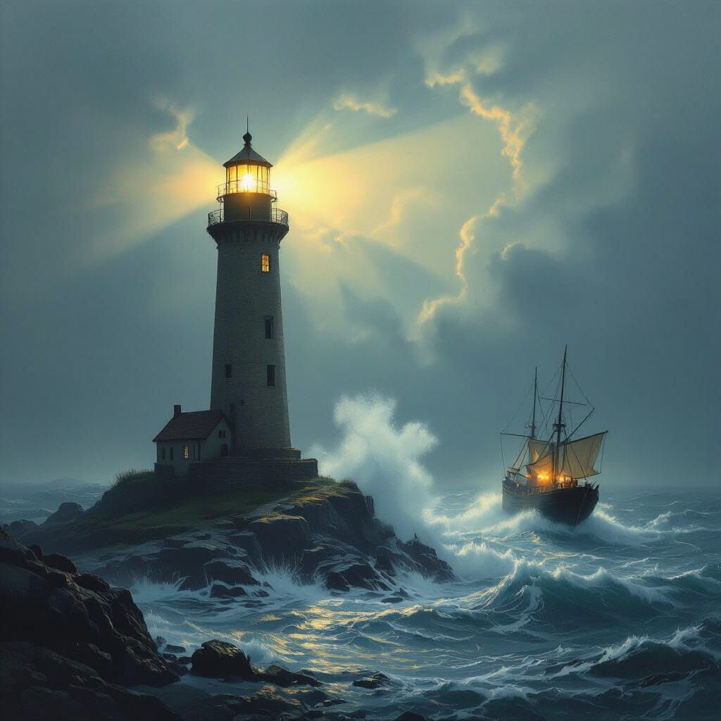 Lighthouse Guiding Ship Through Storm in Surreal Style