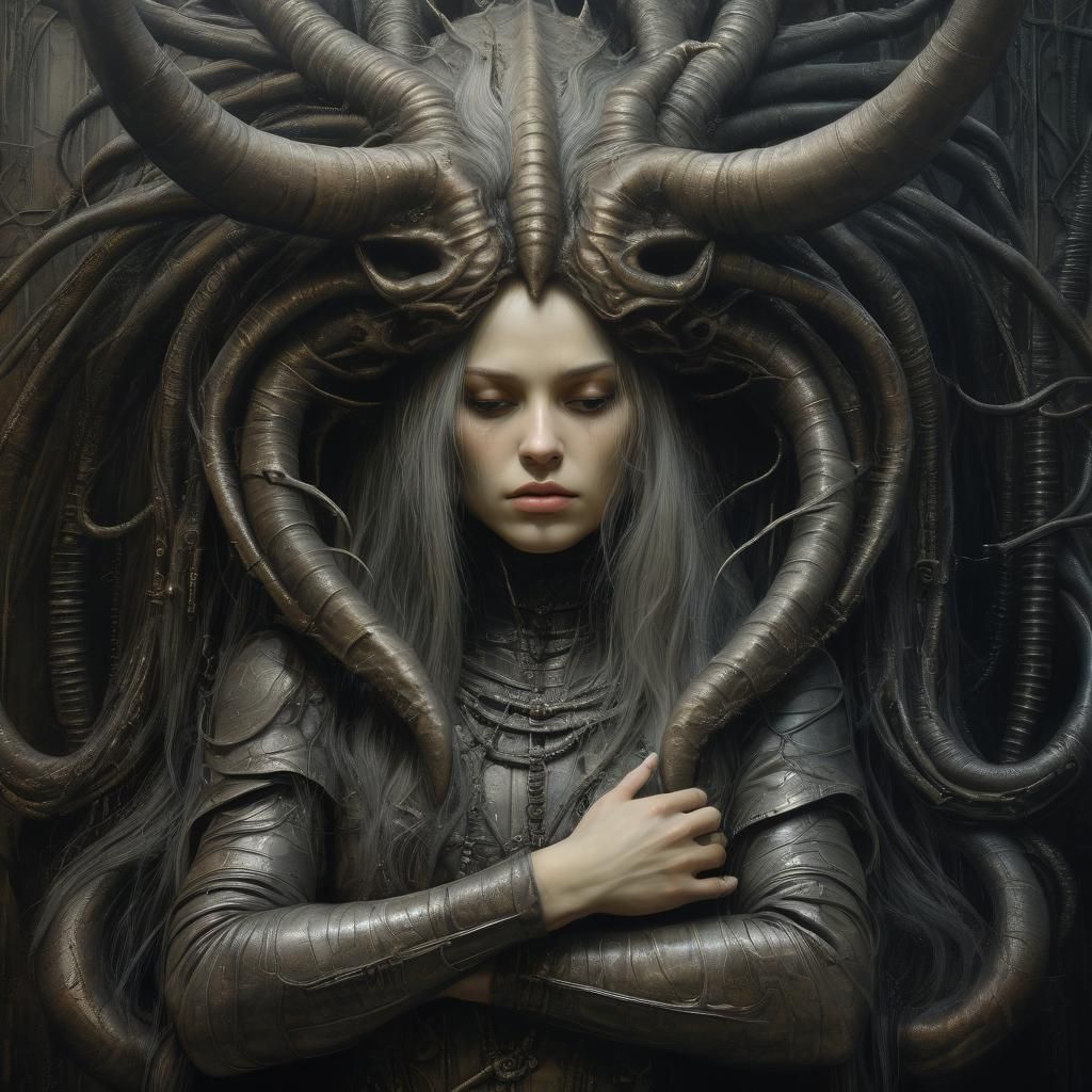 Surreal Woman and Horned Creature in Oil Painting Style