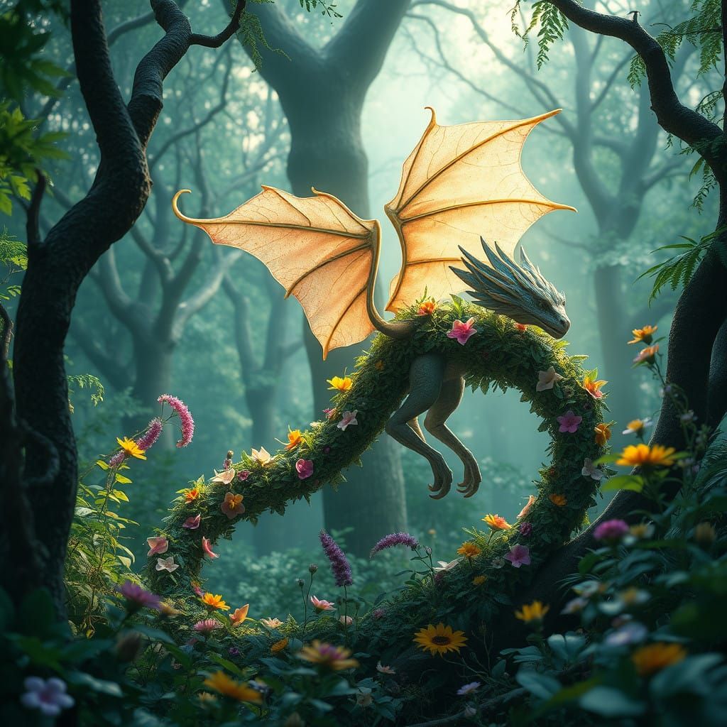 Dreamlike Dragon Amidst Whimsical Flora in Mystical Forest L...