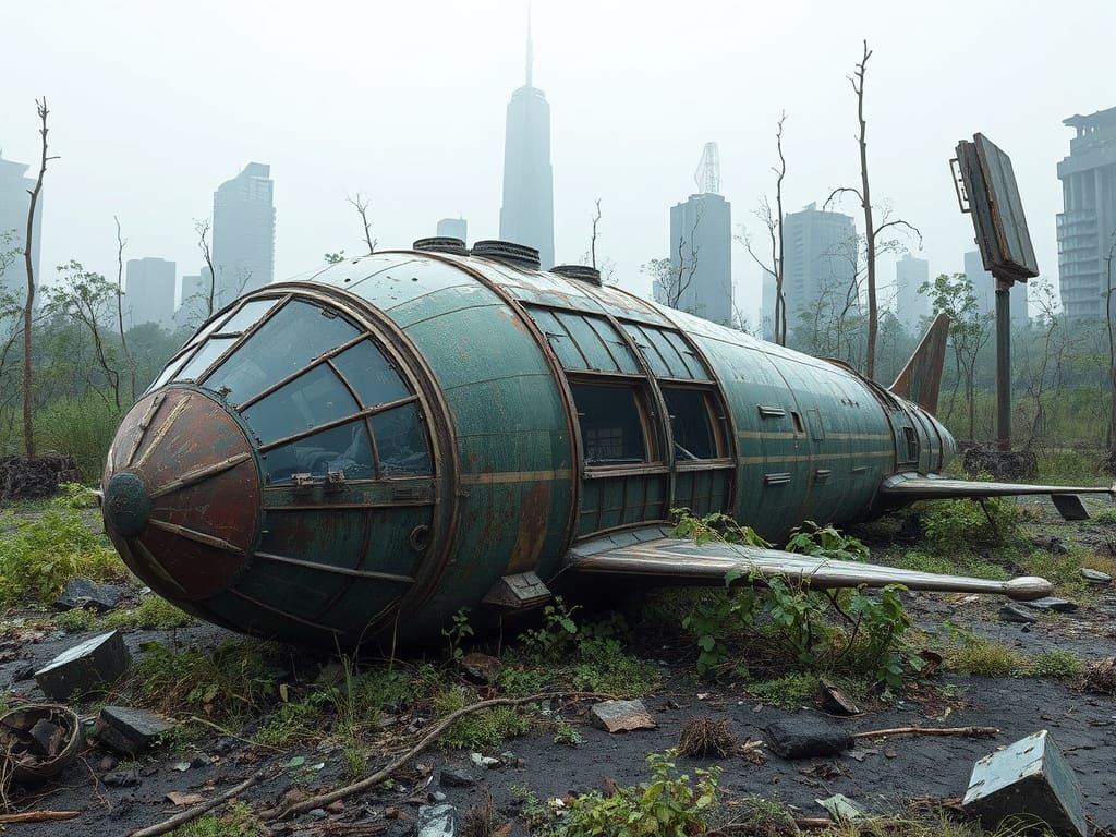 Apocalyptic Alien Spaceship Overrun by Nature in Ruined City