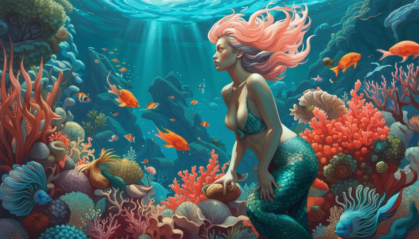 James Jean Mermaid in Coral Reef Seascape