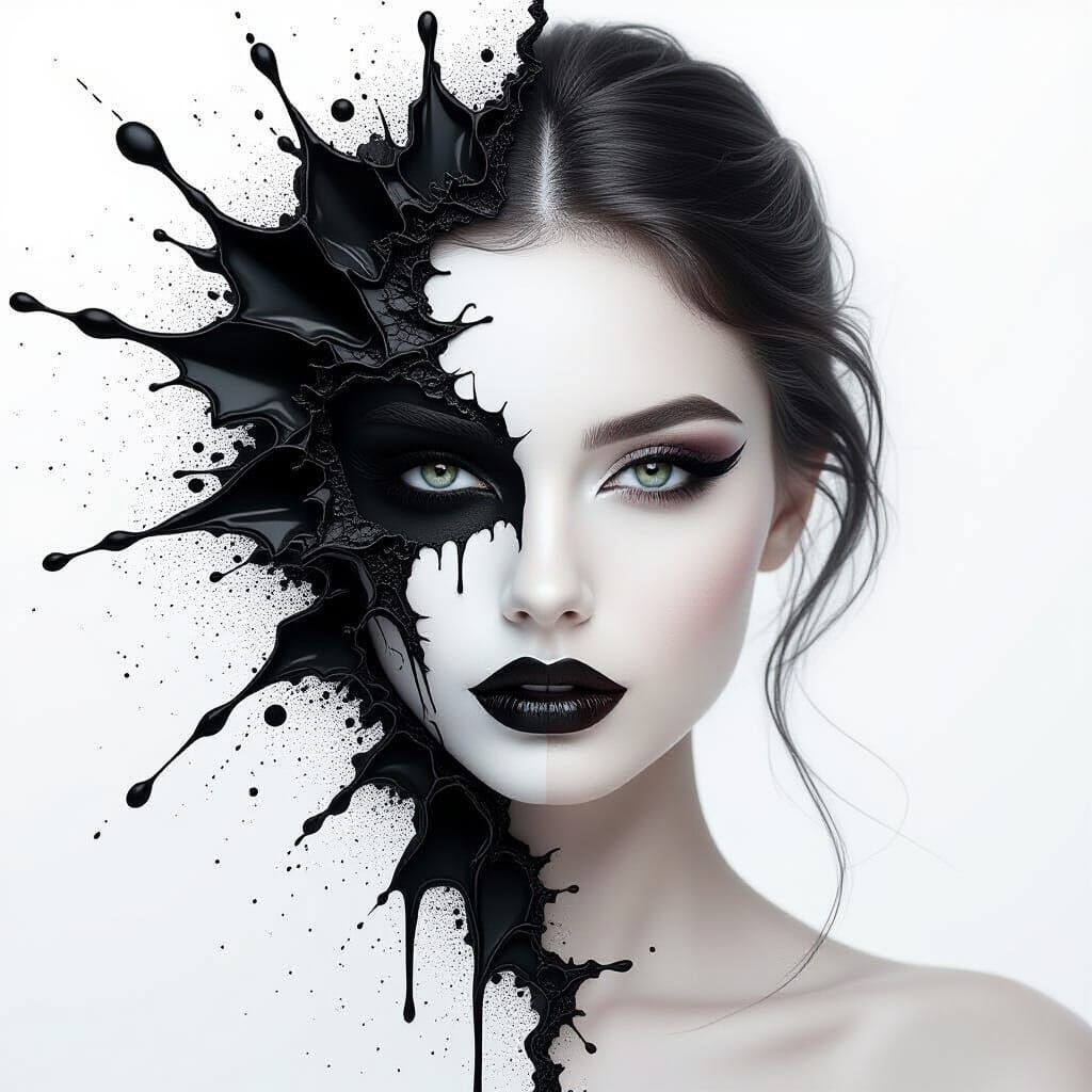 Gothic Portrait with Ink Splash and Surreal Dissolution