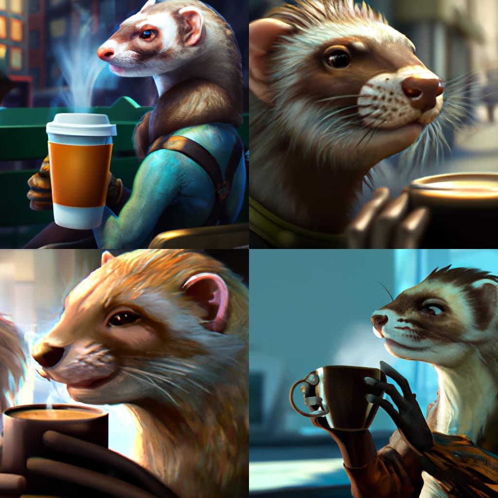 Ferret Sipping Coffee: Artgerm, Rutkowski Style