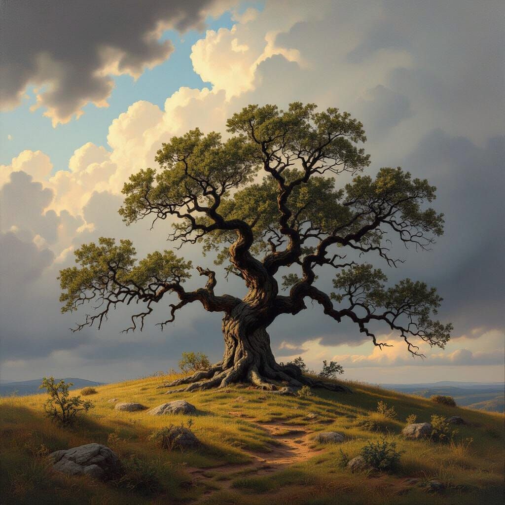 Ancient Oak Tree on Windswept Hill in Oil Painting Style