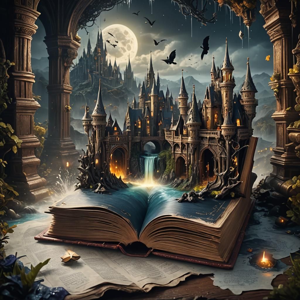 Gothic Fairytale World Emerging from Antique Book