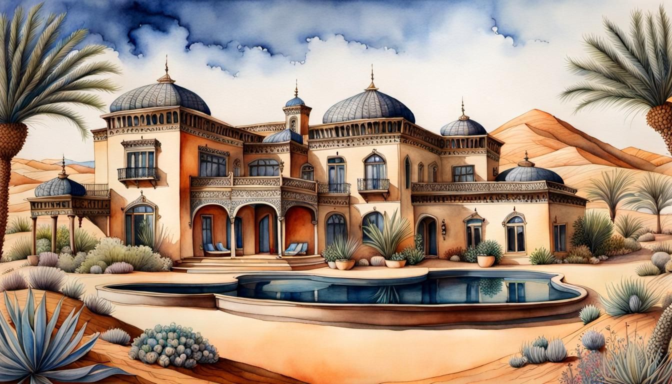 Exquisite Zentangle Mansion in Desert Watercolor