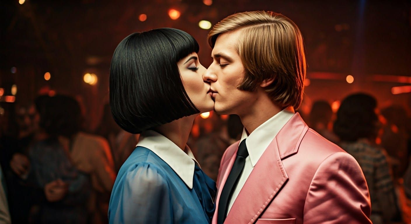 Young Couple Kissing Passionately in 1970s Nightclub