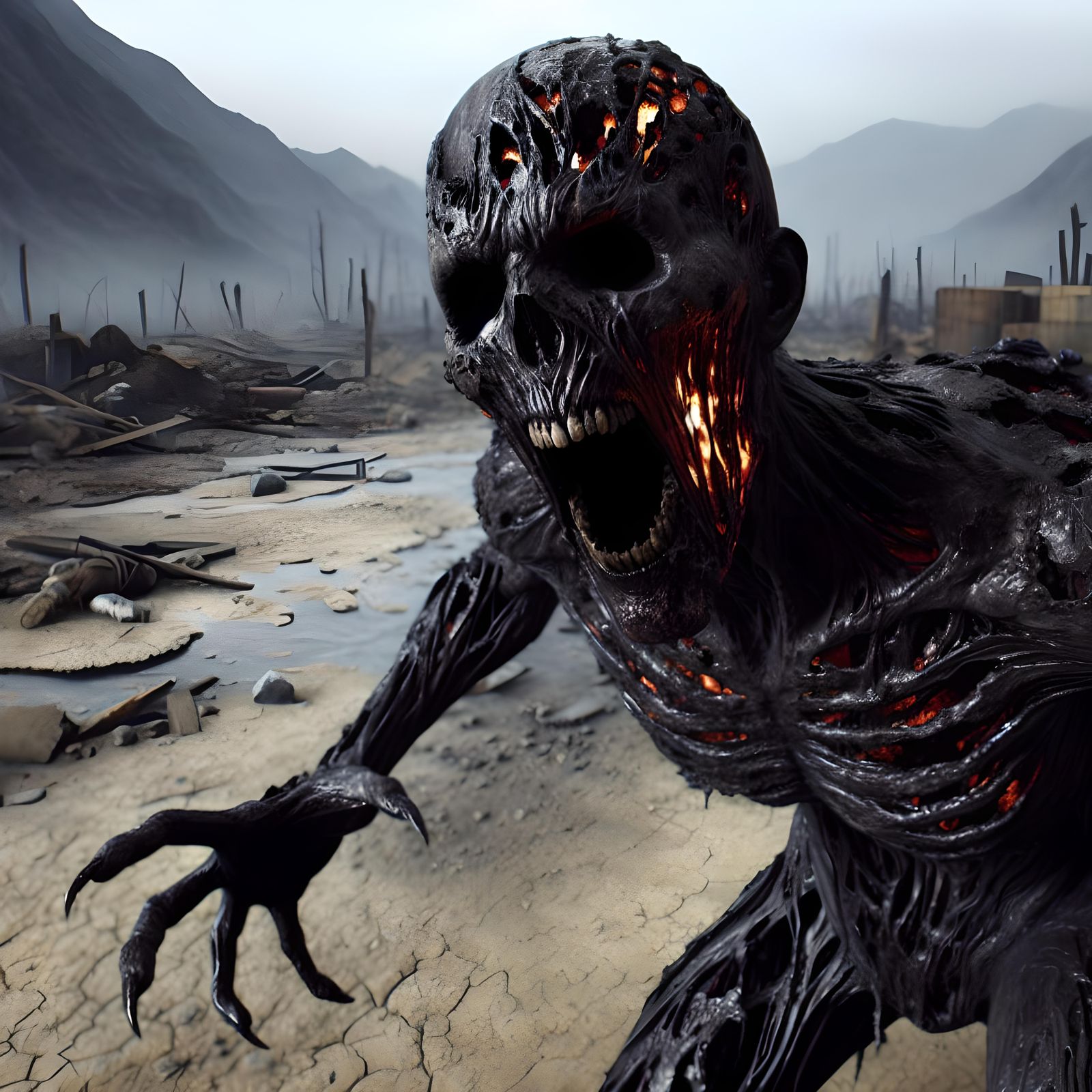 Terrifying Burnt Zombie in Apocalyptic Wasteland