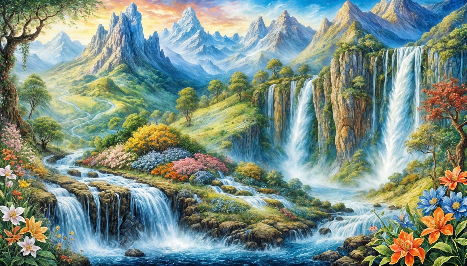 Enchanted Fantasy Landscape with Waterfall and Mountains
