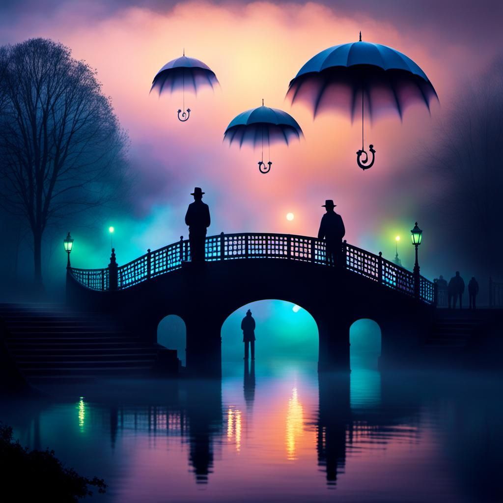 Surreal Dreamscape: Night Walkers Under Misty Twilight