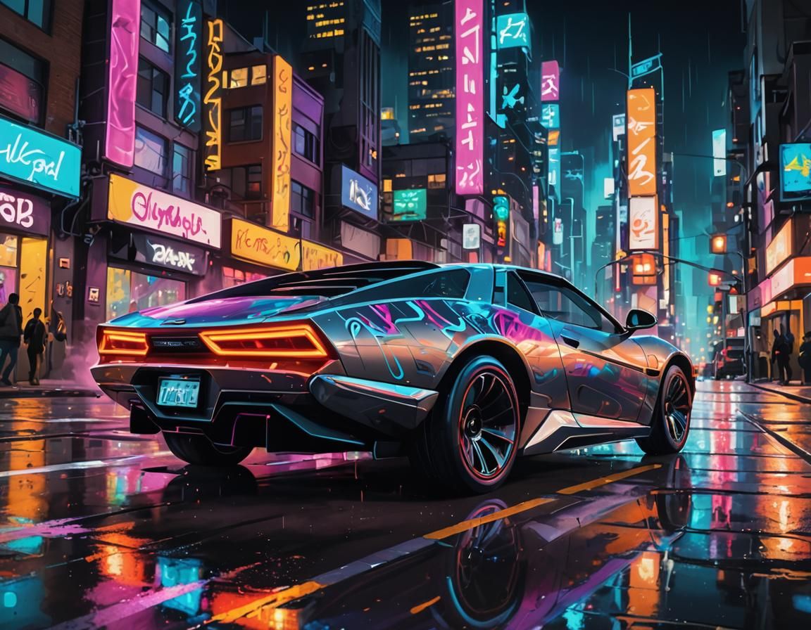 Neon Hover Car Speeding Through Futuristic Cityscape