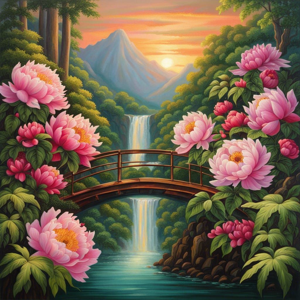 Lush Tropical Forest with Japanese Bridge: Oil Painting