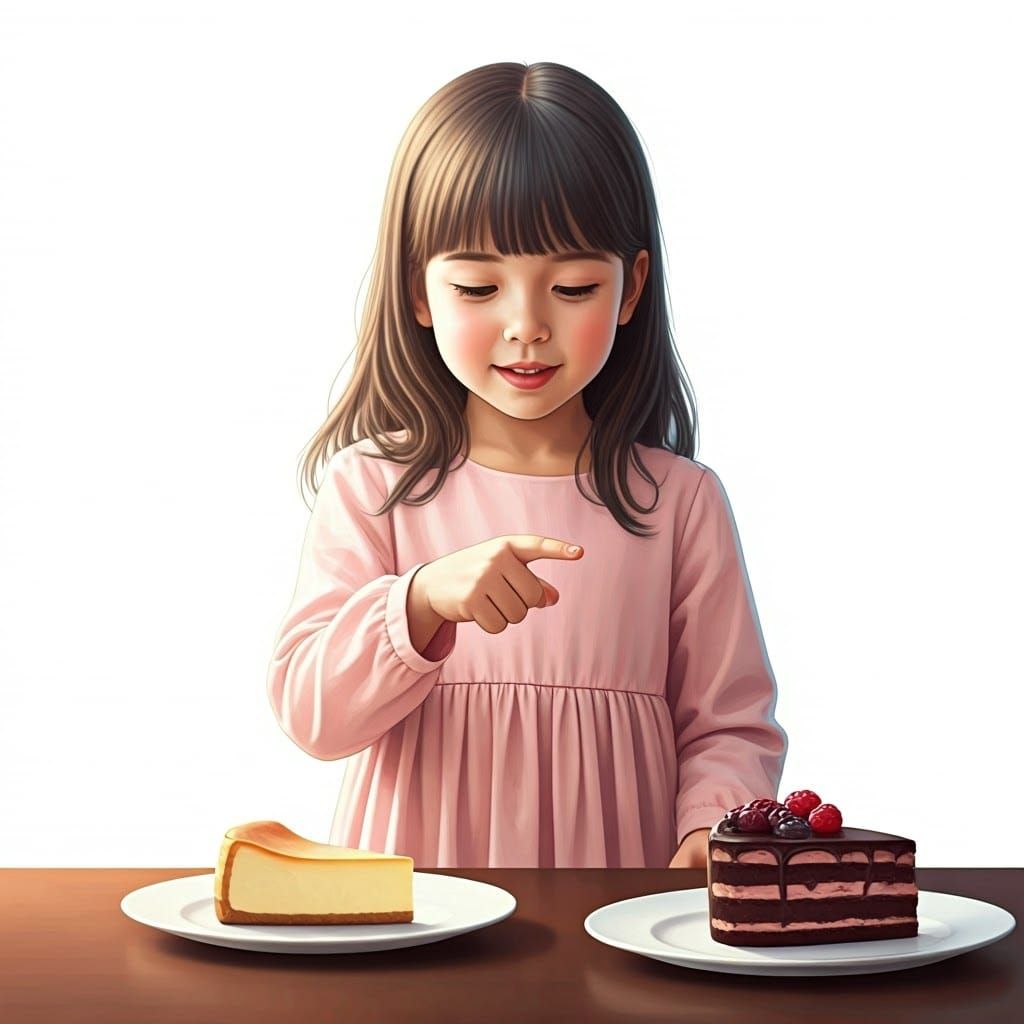 Whimsical Girl Admires Cheesecake and Chocolate Cake