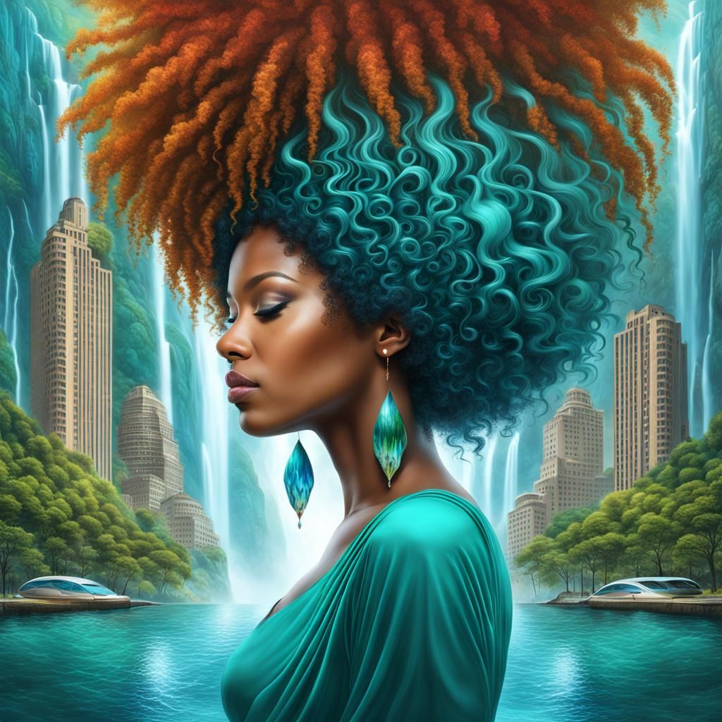 Teal Afro Woman with Waterfalls: Psychedelic Concept Art