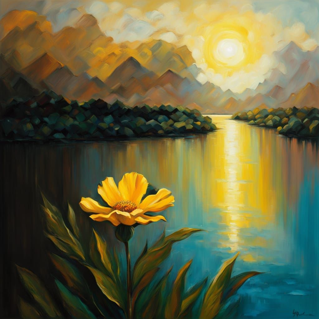 Yellow Flower by Yellow River in Neo-Impressionist Style