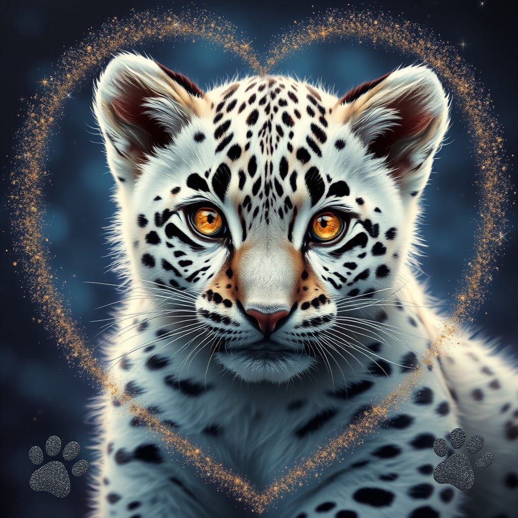 Fluffy White Leopard Cub in Glittering Night Sky