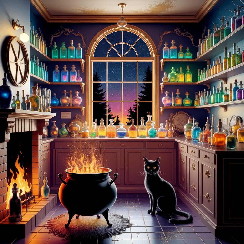 Enchanting Potion Shop Interior in Iridescent Watercolor