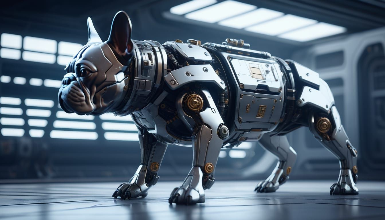 Cyberpunk French Bulldog in Polished Metal Armor
