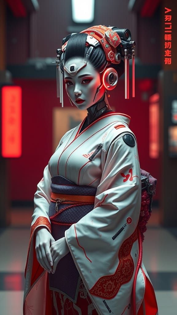 Mechanical Geisha in Cyberpunk Style with Neon Accents