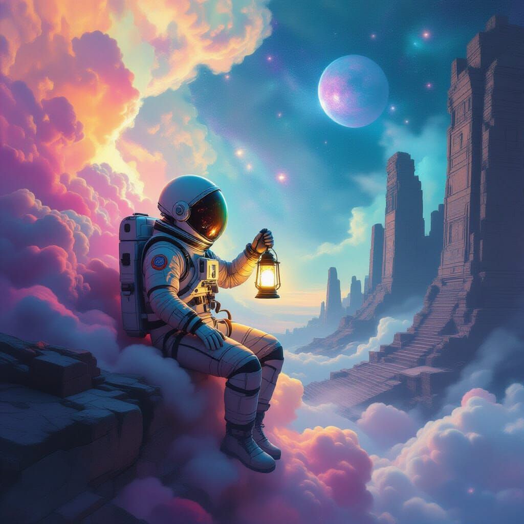 Astronaut Drifting Through Nebula with Lantern