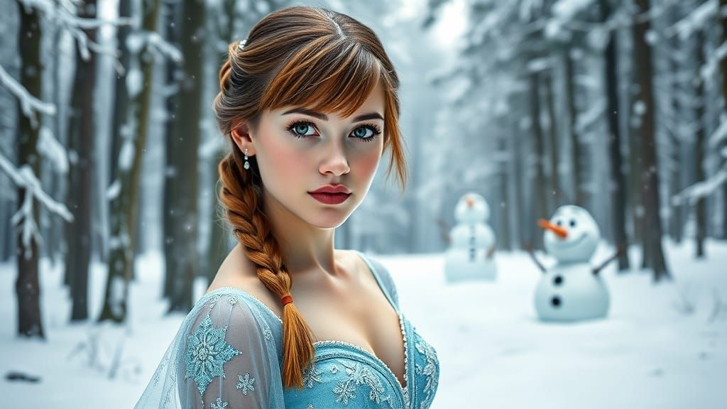 Young Woman in Icy Blue Princess Gown, Surrounded by Winter ...