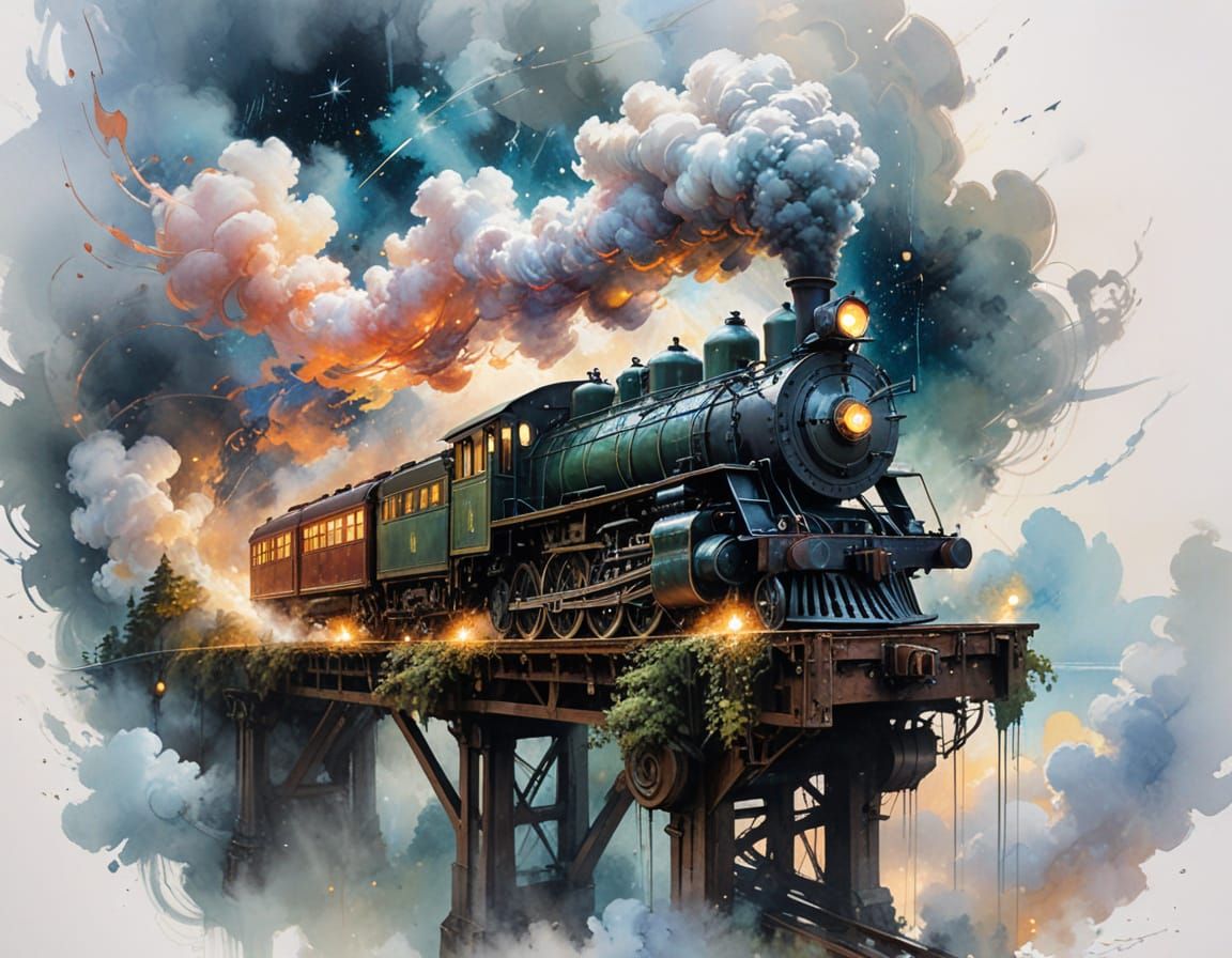 Vintage Steam Train Above Cloud Sea in Dreamlike Painterly S...