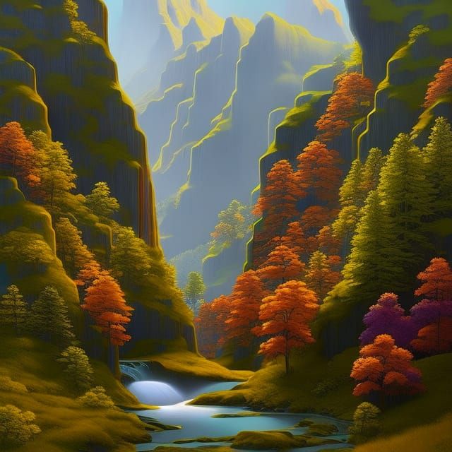 Lush Mountain Valley in Surreal Style