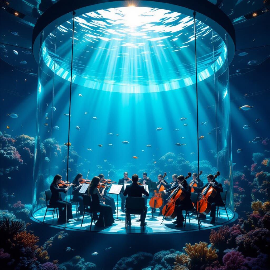 Underwater Orchestra Performance in Glass Concert Hall
