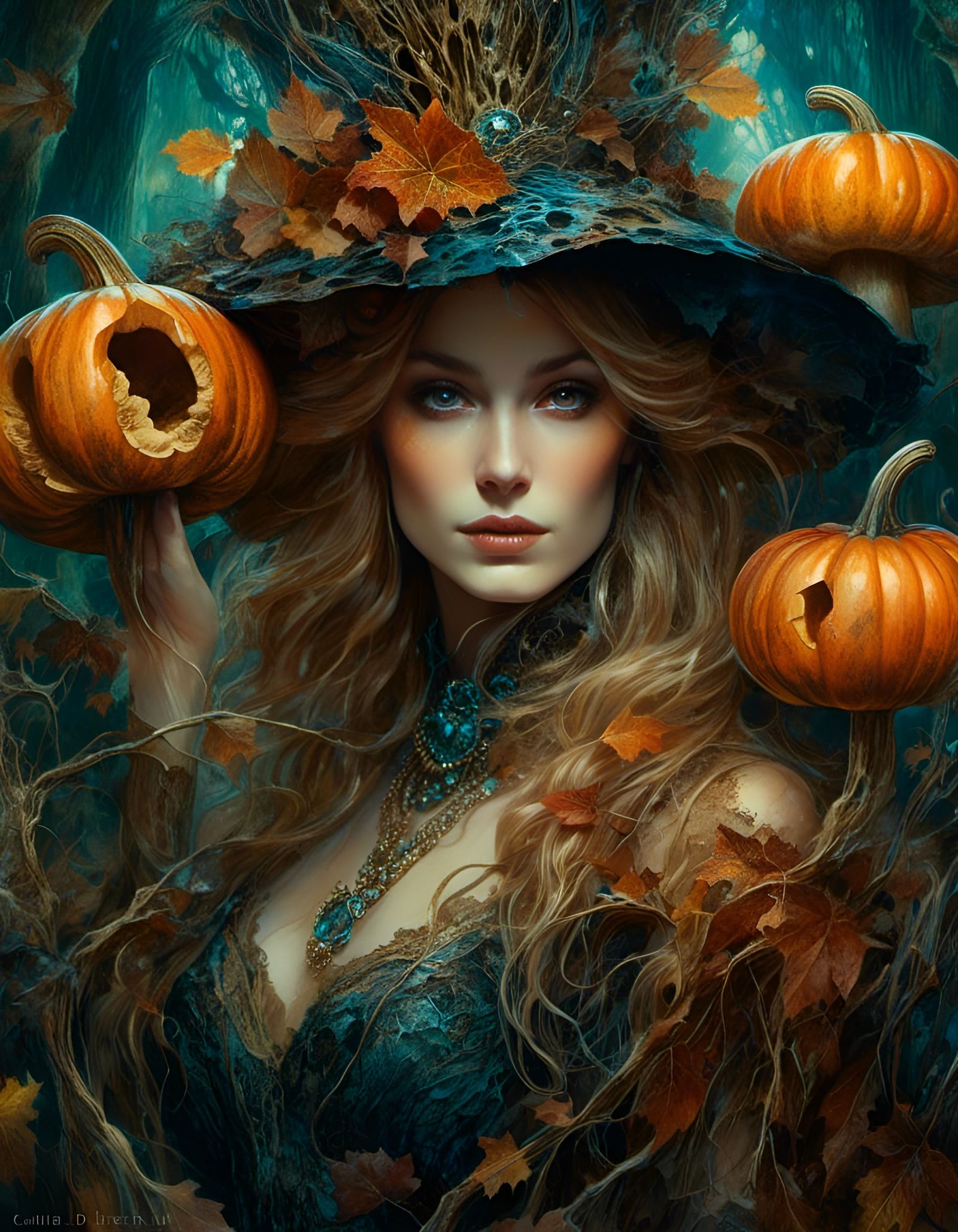 Halloween Witch Portrait with Bioluminescent Mushrooms