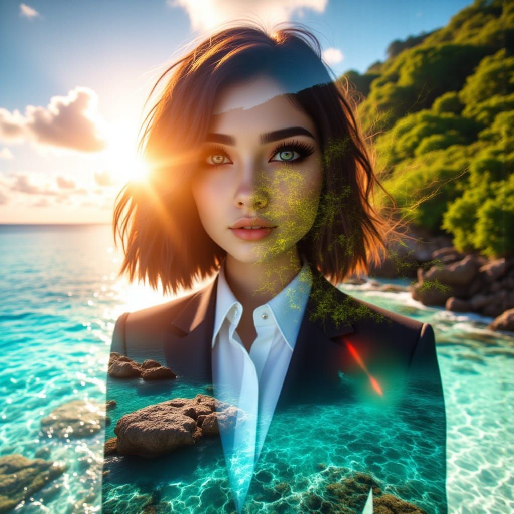 Woman in Suit Merged with Tropical Paradise