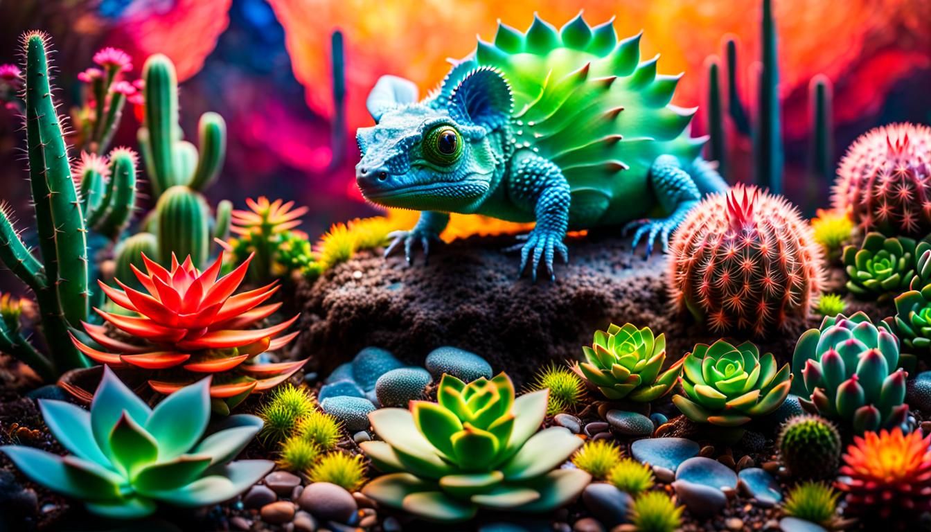 Bioluminescent Desert Terrarium with Chameleon, Digital Art