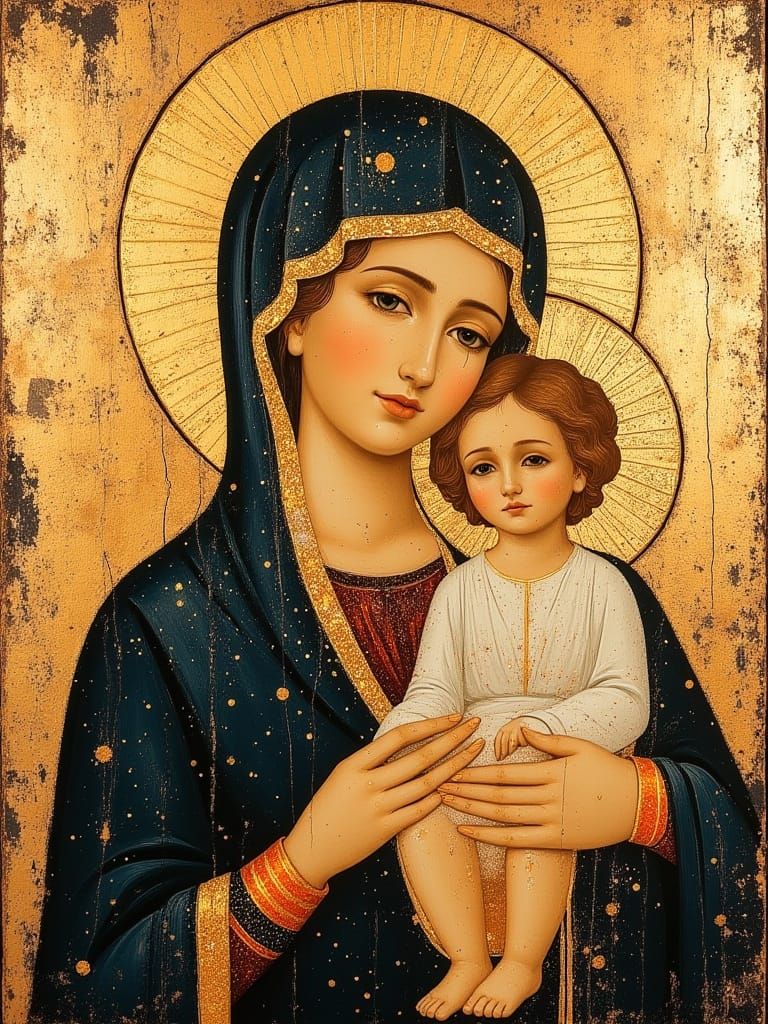 Golden Icon of Mary and Jesus in Russian Orthodox Style