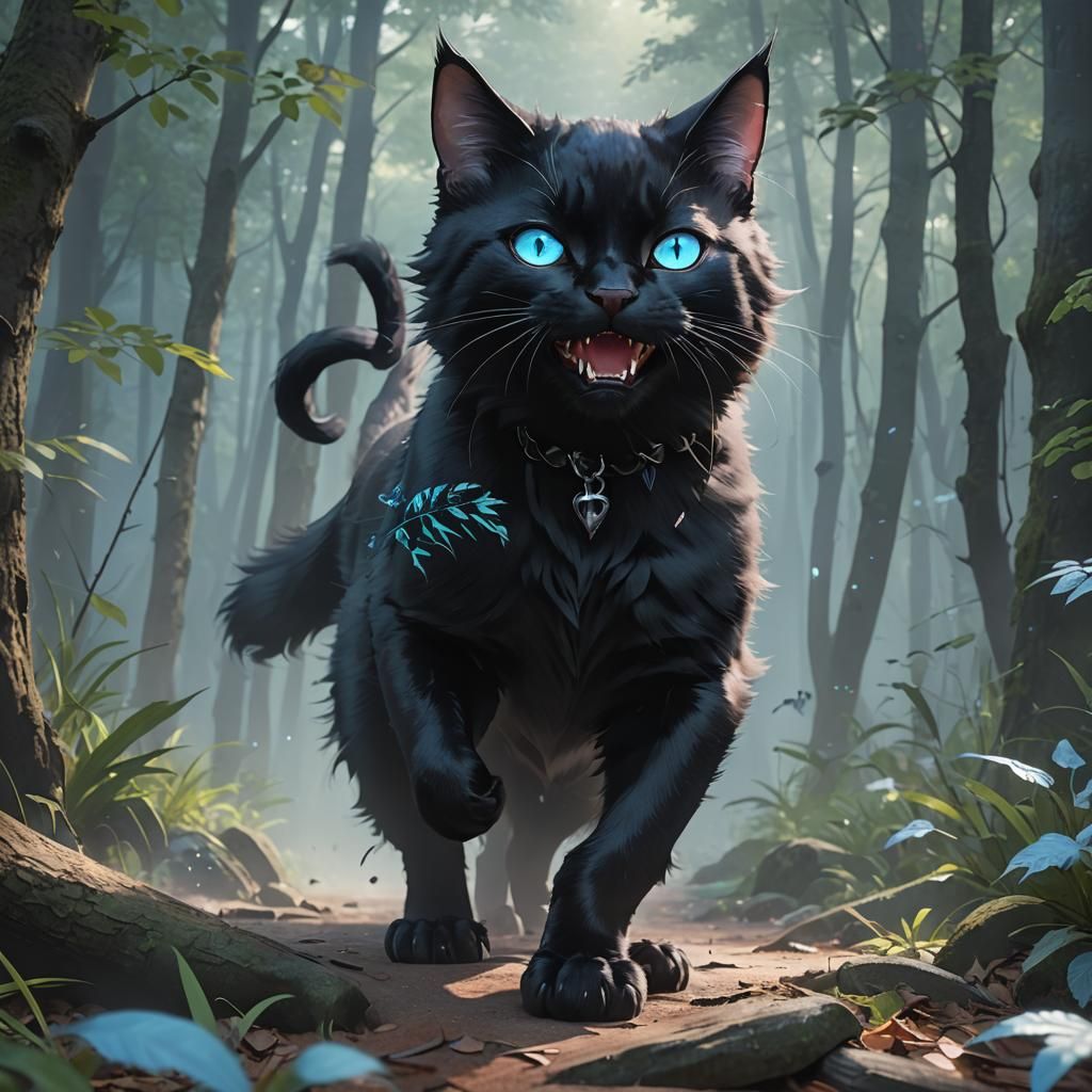 Ferocious Black Cat in Misty Forest, Anime Style