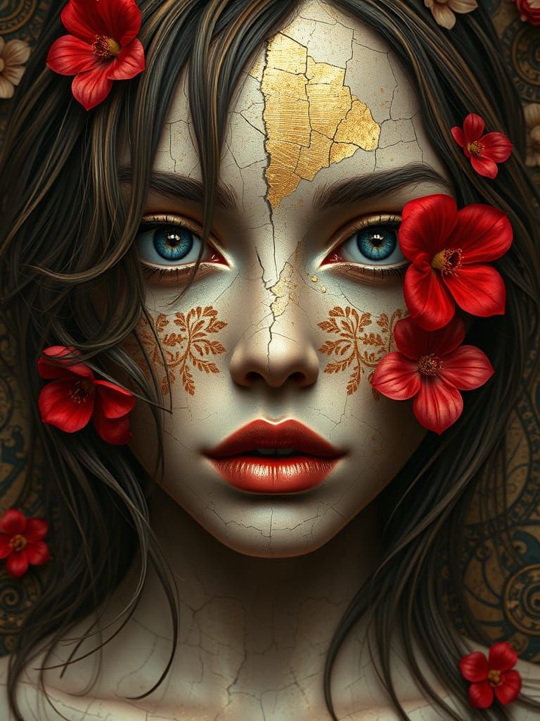 Kintsugi Cracked Portrait with Gold Mosaic and Flowers