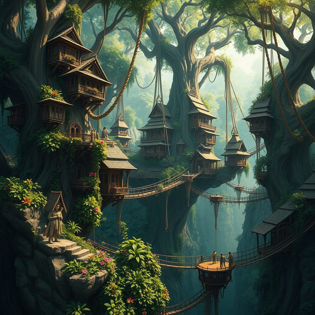 Jungle Tree House City Connected by Rope Bridges
