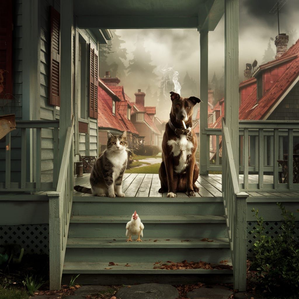 Cat, Dog, and Chicken Smoking on Porch