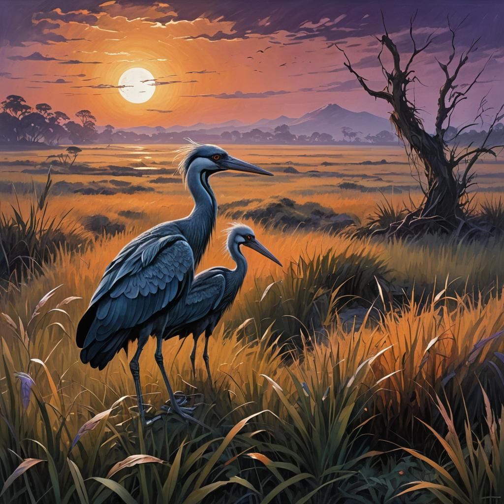 Atmospheric Landscape Painting of Shoebill Nesting