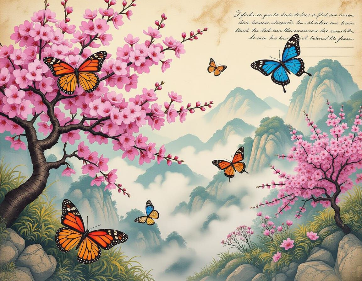 Hyperrealistic Butterflies and Cherry Blossoms in Vintage Jo...