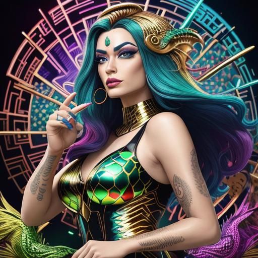 Woman Merges with Rainbow Serpent in Pop Art