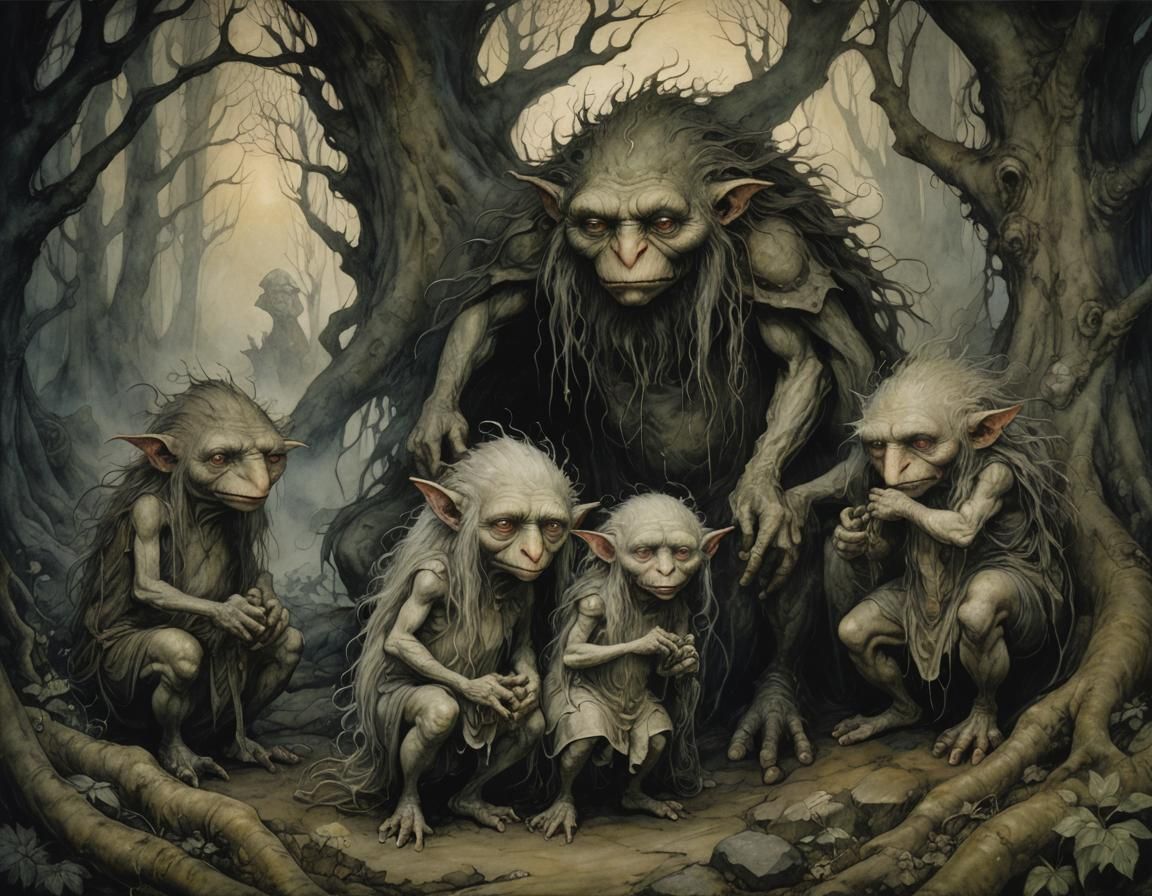 Menacing Trolls Encircling a Princess, Mystical Fairytale