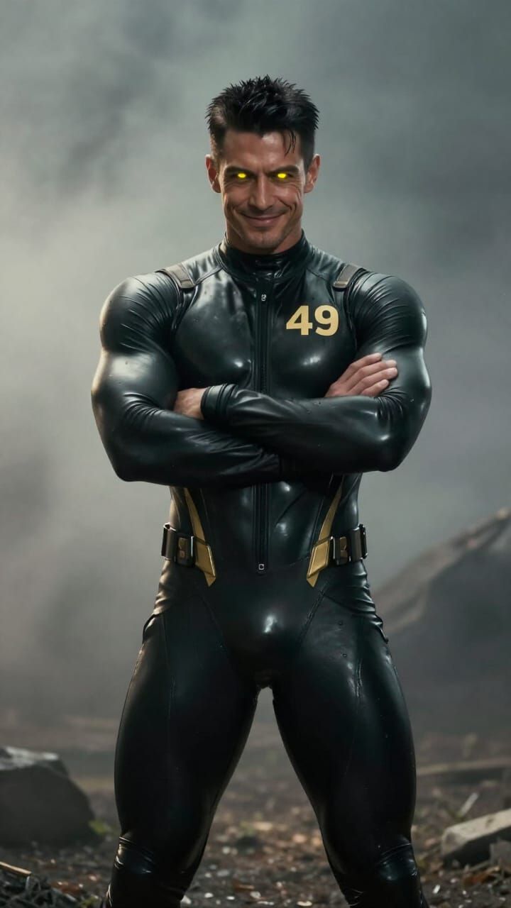 Muscular Man in Shiny Rubber Suit with Gold Accents