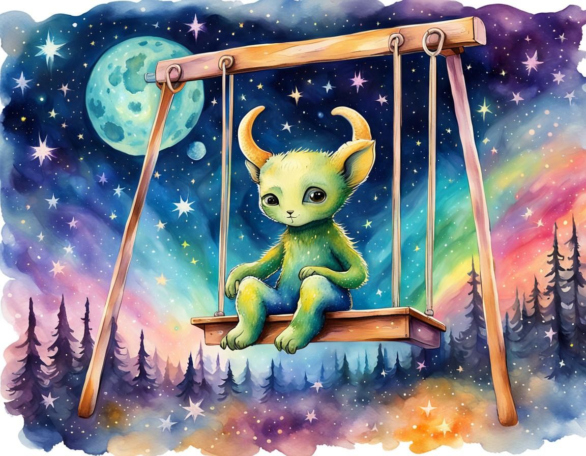 Cute Alien Cub on Swing in Surrealist Galaxy