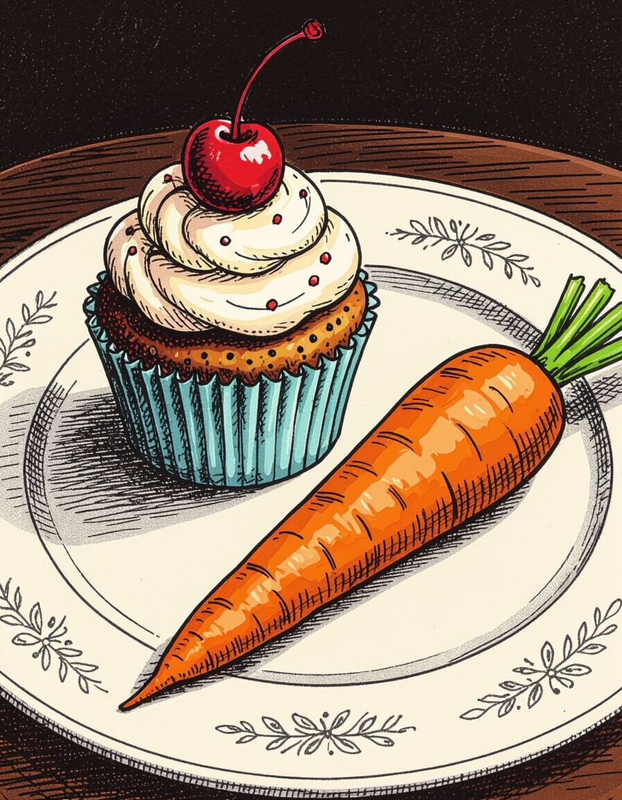 Whimsical Carrot and Cupcake on Dinner Plate