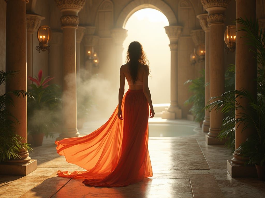 Elegant Woman in Medieval Bath Scene with Soft Lighting