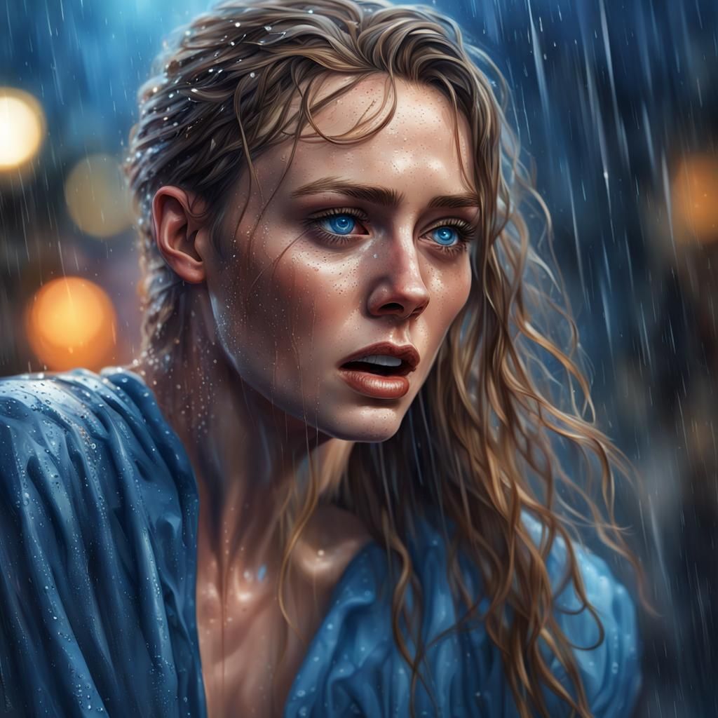 Crying Woman with Blue Eyes: Hyperrealistic Splash Art