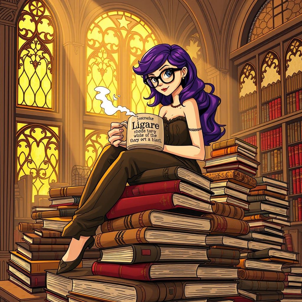 Librarian on Books Mountain in Art Nouveau Style