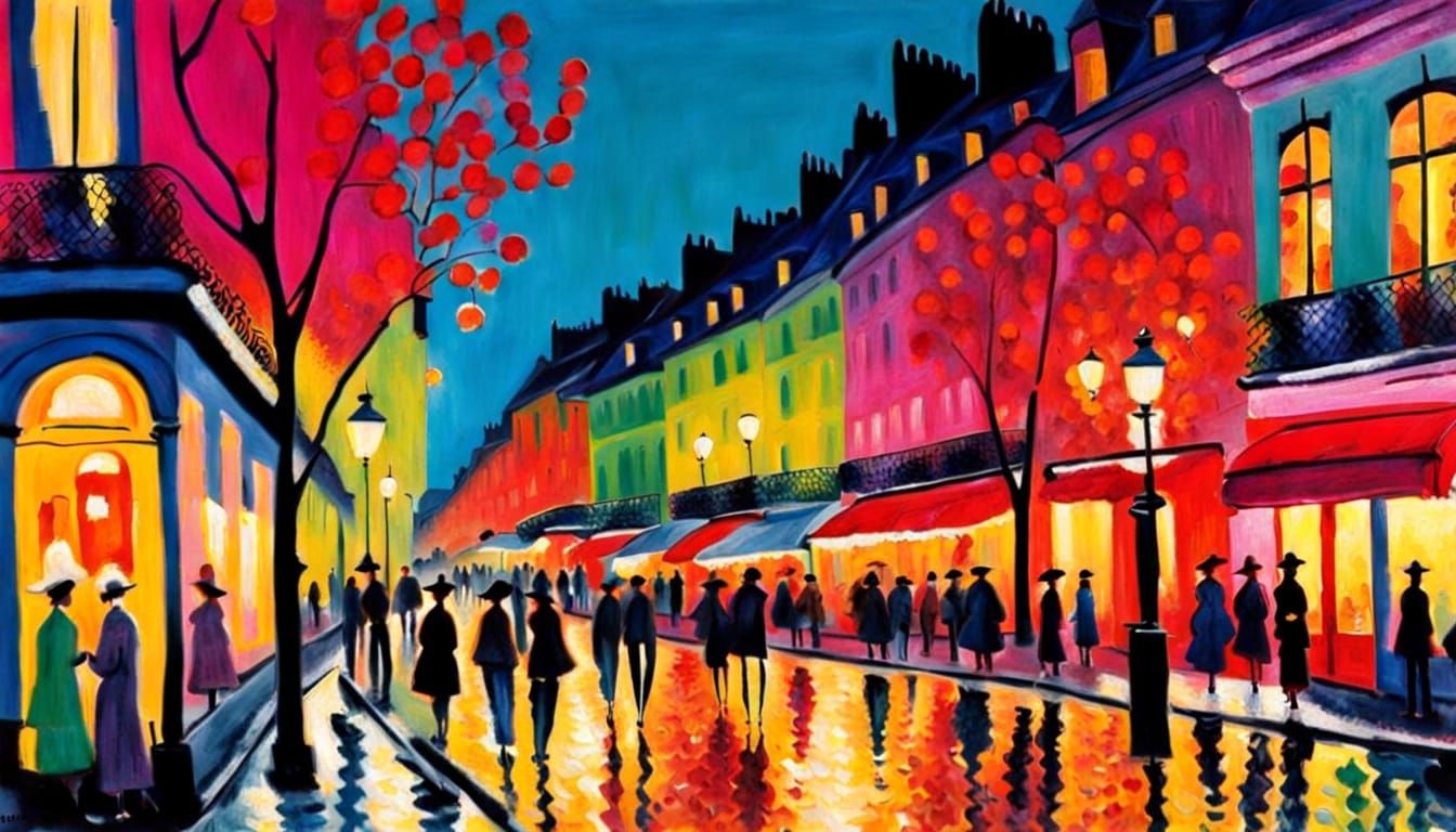 Vibrant Parisian Street at Dusk in Fauvist Style