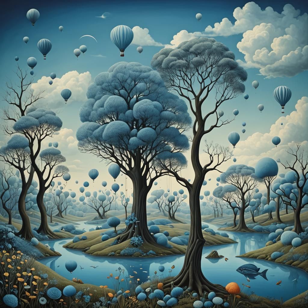 Whimsical Surreal Scene Bathed in Blue