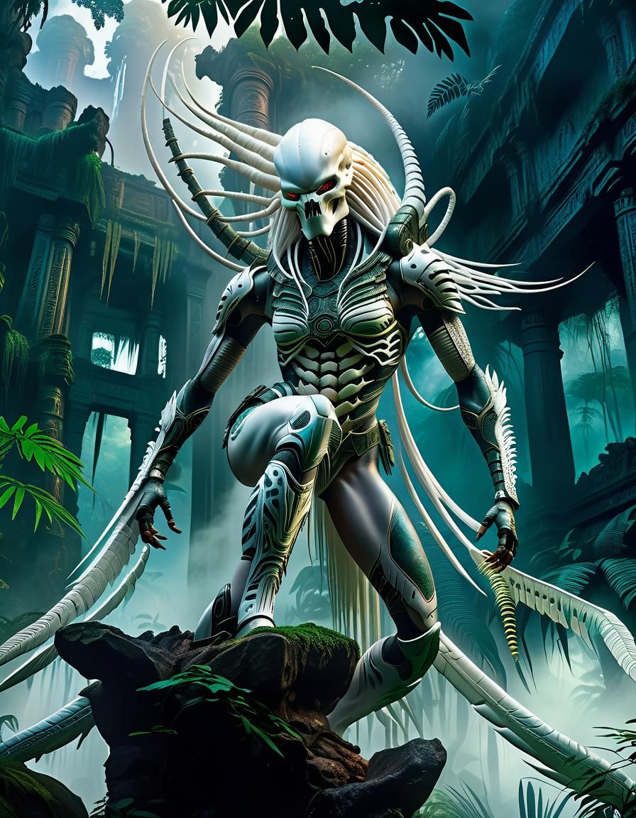 Albino Predator in Jungle Ruins: Digital Art