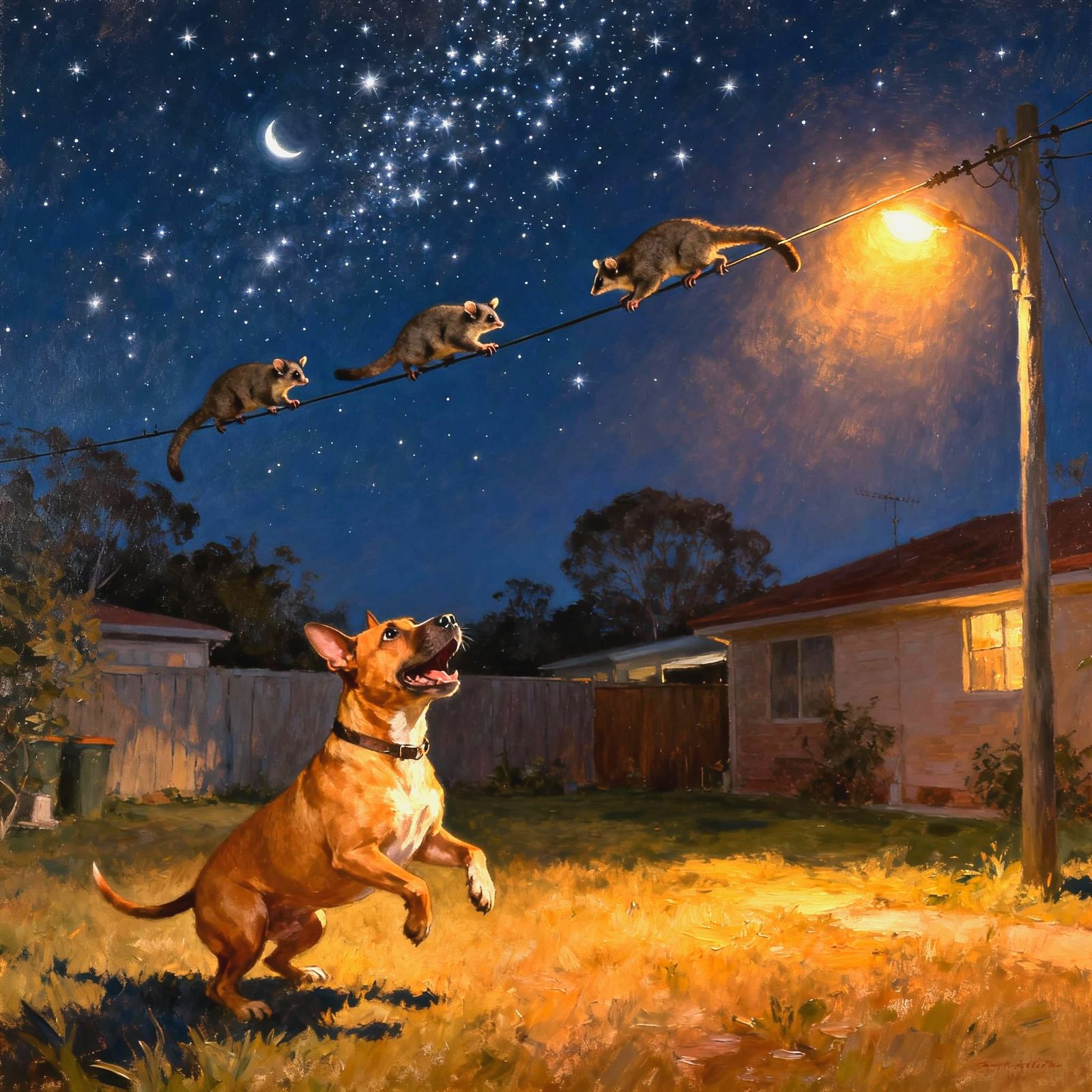 Staffy Dog Watches Possums on Powerline at Night